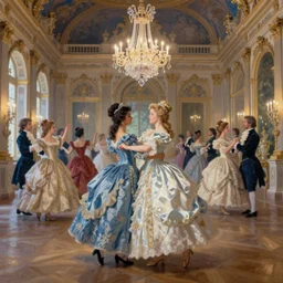 the nobles danced in the splendid palace, palace dance, dress in the style of rococo, dreamy, romantic, night lighting, highly detailed, expressive impressionist style, 8 k