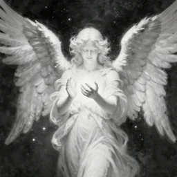 highdetailed hyperrealistic painting of white ange no gender smiling noface with light instead of hands and white sparkles everywhere and brings the light and gives it to the space, 4 k hd face!!!, big silver high detailed wings!!!, renaissance, by hieronymus bosch, holography space, glow effect, large strokes, monochrome!!!!!, digital painting, large paint strokes, textured oil painting, motion effect, blur effect, abstract painting
