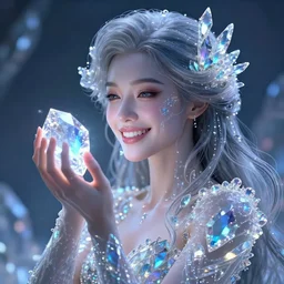 a woman smiling made of crystal gems, bioluminiscense, fantasy art