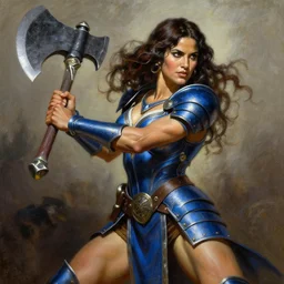 a frank frazetta oil painting of a beautiful muscular salma hayek wearing blue armor holding a large battle axe, dynamic shot, hd 4 k, intricate, highly detailed, atmospheric, sharp