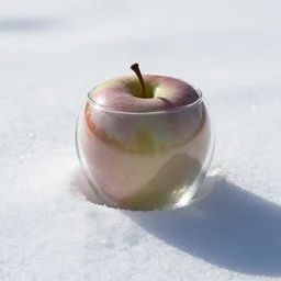 a clear glass apple sitting on snow