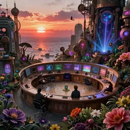 a beautiful detailed highly detailed city nature control room by thomas kinkade, sunset futuristic steampunk neon noir flowers cgsociety wilderness sleet water desert vaporwave otherworldly sea galactic dieselpunk uv light darkacademia rainforest myst laser biopunk, archdaily, wallpaper, highly detailed, trending on artstation.