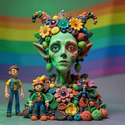 portrait of a trickster nature spirit, undead, head made of fruit gems and flowers in the style of arcimboldo, philip taaffe, david altmejd, pop art, action figure, clay sculpture, claymation, green and neon lighting, rainbow stripe background