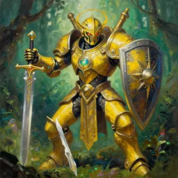 full body, attack position abstract painting in lush fantasy environment of a ornate holy mechanical warforged with circular glowing eye, discus face, character in yellow armor holding a legendary paladin engraved holy great longsword and carrying a huge heavy paladin shield, face in focus, epic , trending on ArtStation, masterpiece, cinematic lighting, by Ross Tran, by Delphin Enjolras, by Ruan Jia, by Greg Rutkowski
