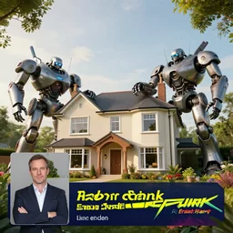 cyberpunk, an estate agent listing external photo of a 5 bedroom detached house in the countryside, giant robots, by paul lehr, highly detailed, photorealistic, 8 k, anamorphic, cinestill cinematrography