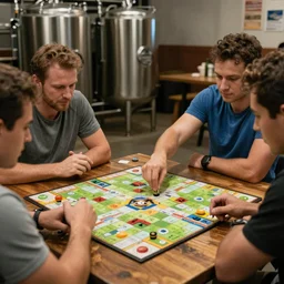 several unkept men at a brewery, playing a board game, holding hands, hyper realistic