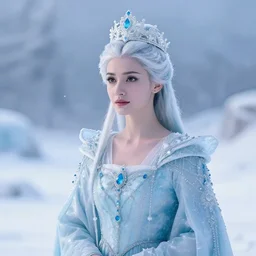 photograph of a real-life beautiful ice queen with ornate robe and crown in an ethereal snowy landscape. Extremely detailed. 8k
