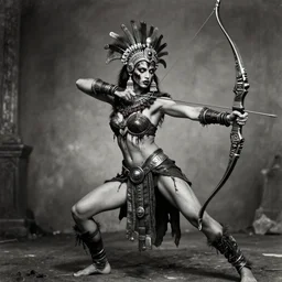 fight, aztec goddes fights with futuristic bow, vertical composition, inspired by monster hunter and dark fantasy and fashion, beautiful  body, clean brutal blooded  symmetrical face,  brutal bloody  and sluty make up, epic,dramatic lighting, cinematic, establishing shot, extremely high detail, photorealistic,  brutal, provocative , cinematic lighting, artstation, octane render, dark fantasy ,old photo, vintage, black and white, Boris vallejo, sepia, old photography, documentary photography