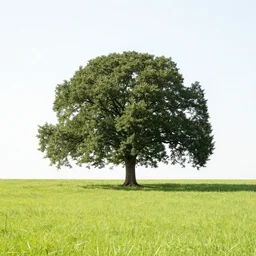 a lone oak tree in a grass field in summer. centered in frame.