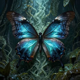 mystical evil scifi butterfly with obsidian glowing wings, surrounded by subsurface wax tendril jungle leaves, volumetric lighting, ultra realistic, concept art, intricate details, serious, highly detailed, realistic, octane render, 8 k, unreal engine, art by todd mcfarlane and artgerm and greg rutkowski and alphonse mucha
