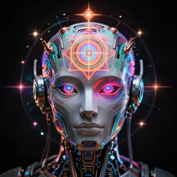 hyperdetailed portrait of a psychedelic cyberpunk robot head, accentuated with colorful glowing holy geometry, 8 k, symetrical, halluzinogenic, meditative, black background