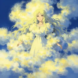maximalist old ukrainian woman!!!! fully covered in yellow and blue glimmering clouds!!!, disarming, enchanting, fragile, hopeful, cloudcore, portrait, gapmoe yandere grimdark, trending on pixiv fanbox, painted by makoto shinkai takashi takeuchi studio ghibli, akihiko yoshida
