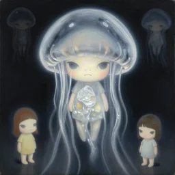 The Omnious Black Jellyfish, painting by Chiho Aoshima, Yoshitomo Nara, Huang Yuxing and Aya Takano , Superflat art movement, chibi, , very ethereal, , oil inks, very ethereal, silver light, nacre colors