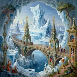 beguiling epic stunning beautiful insanely detailed matte painting of a bridge through arctic dream worlds designed by heironymous bosch, structures inspired by heironymous bosch's garden of earthly delights, surreal ice interiors by cyril rolando and asher durand and natalie shau, whimsical, intricate