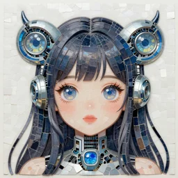 mosaic cute young woman with robot ears and eyes, 4k, intricate details
