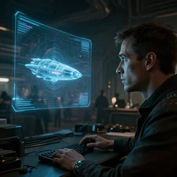 closeup of a spy looking at a spaceship hologram at the shady office with the futuristic shanghai spaceship hangar in the background, busy, dark, cyberpunk, moody, ambient lighting, syd mead, artgerm, artstation, octane render