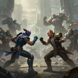 hyperrealism fantasy putin fight scene with characters from league of legends portrait, digital art, wallpaper of an fantasy fight, background of sci fi city in fog, diffused lighting, 8 k dop hdr