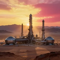 a beautiful photo of a sci - fi scientific industrial facility localized in a desert, mountains in the background, patches of yellowish - red - magenta sky, sunset lighting, detailed, hazy, volumetric lighting, god rays, 8 k, cinematic