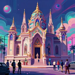 street view of a cybernetic temple, vaporwave aesthetic, colorful, psychedelic, digital painting, artstation, concept art, smooth, sharp focus, illustration, art by artgerm and greg rutkowski and alphonse mucha