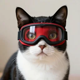 a cute black and white cat wearing a red ski mask with black ski goggles, photorealistic