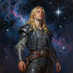 beautiful oil painting with high detail of a astral traveller with stars and plasma in the background, hybrid from dungeons and dragons and art direction by James Cameron ;by artgerm; wayne reynolds art station; cinematic quality character render; low angle; ultra high quality model; production quality cinema model;