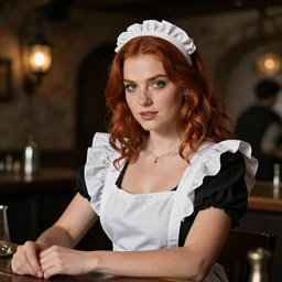 beautiful bar maid with auburn hair and green eyes, in a medieval tavern at night, cinematic, filmic