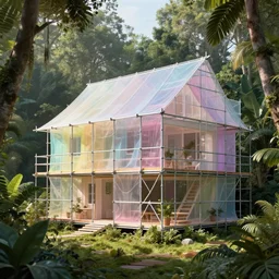 a house made from scaffolding and transparent canvas sheets, in a jungle, rainbow pastel light, tom kundig architectural style, very high detail, ultra realistic details, 3 d render, unreal engine 5, cinematic, vray, photo realistic