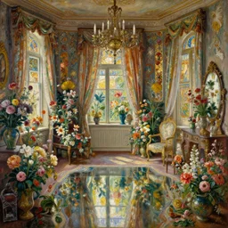 a beautifull intricate oil painting of a victorian room with flowers, reflexions, verry high details by william turner art, greg rutkowski and alphonse mucha, trending on artstation, very very detailed, masterpiece, intense colours, wide lens,