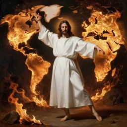 jesus christ wearing a white robe strikes a dance pose as the world burns around him, intricate, hyper detailed, accent lighting, dramatic light, 4 k octane render ; renaissance painting