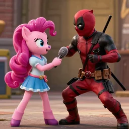 cinematic shot of deadpool fighting pinkie pie with a boom mic