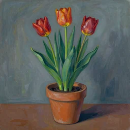 Potted Tulip still life, matte painting, in the style of Paul Gaugin
