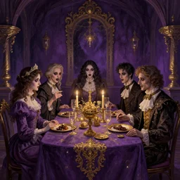 lovecraftian dinner party. horror, terror, nightmare. digital art by eugene de blaas, ross tran, and nasreddine dinet, purple and gold color scheme, intricately detailed, in the style of romanticism. artstation, greg rutkowski