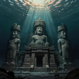 low ultrawide shot, dark, street view, underwater statues, submerged pre - incan temple with carvings, abyss, stylized, anime style mixed with fujifilm, detailed gouache paintings, crepuscular rays, dark, murky, foggy, atmospheric, artstation, cgsociety, octane render, cgi, unreal engine 5