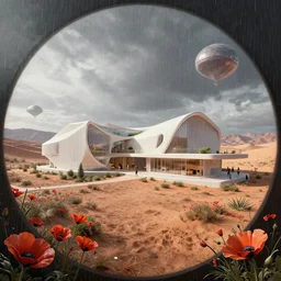 a beautiful detailed rendering of city ranch architecture by alvaro leite siza vieira, crystal fisheye desert landscape poppy extraterrestial rainy, archdaily, wallpaper, highly detailed, trending on artstation.