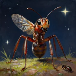 A detailed painting of an anthropomorphic  ant queen standing on her hind legs with large legs looking forward, stars in the background,  formian pathfinder,  digital art 4k,  Wayne Barlowe Greg Rutkowski