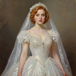 realistic oil painting of young 1 8 - year old christina hendricks wearing an iridescent wedding dress covered in pearls, highly detailed, intricate,, elegant, digital painting, smooth, sharp focus, illustration, ultra realistic, 8 k, by bouguereau, alphonse mucha, artgerm, and donato giancola