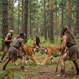 ancient humans hunting a tiger with wooden spears through a pine forest.