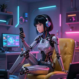 a cyborg girl dreaming in cyberpunk apartment, render, octane, 4k, highly detailed, vivid colors, light and shadow, high definition, by James Gilleard and Makoto Shinkai