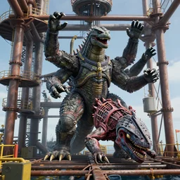 daniel brereton paints atomic multi claw - armed kaiju autopsy on offshore metal structure hyper detailed, intricate details, unreal engine render, cinematic, panorama
