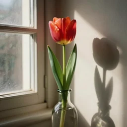a tulip in a vase, near a window, studio photoshoot, realistic, vintage