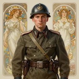 A full portrait of a russian world war two soldier, intricate, elegant, highly detailed, digital painting, artstation, concept art, smooth, sharp focus, illustration, art by Krenz Cushart and Artem Demura and alphonse mucha