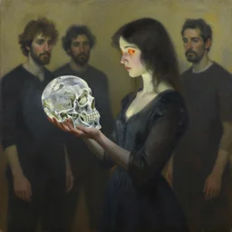 a which with burning eyes, stares at a crystal skull in her hands. she wear a long dark dress. painted by regis loisel and enki bilal and tony sandoval and oliver ledroit. oil painting.