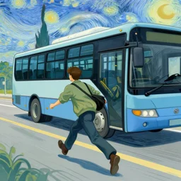 guy chasing an autobus. very fast and dinamic. van gogh style
