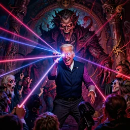 Joe Biden with a wide grin shooting laser beams out of his eyes into a crowd, Evil, chaos, hypermaximalist, ornate, horror, Peter Mohrbacher, Marc Simonetti, Mike Mignola, detailed, bloodborne, colorful