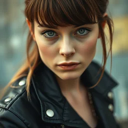 a photograph of a young woman in leather jacket, 9 0 s rebellious punk, dof, sharp focus, highly detailed face, symmetric face, realistic iris, cinestill 8 0 0 t