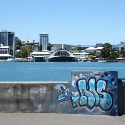 water front view of wellington new zealand capital spray paint art, realistic spray paint art, detailed buildings, colorful, 8 k, hd, trending on art station