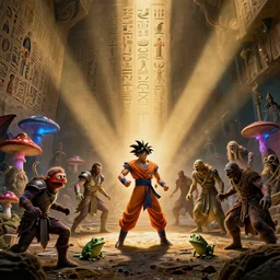 an 8 k hi res well lit dynamic volumetric lighting god rays 8 0 mm photo of hieroglyphics of zardoz and goku and orcs and jim henson and hercules greek and roman mythology john snow game of thrones dragon psychedelic mushroom acid toad frog hog rat armor marvel iceland vikings king arthur maul horror zombie battle scene