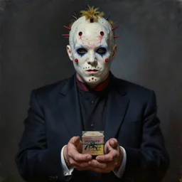 donald trump hellraiser pinhead, holding a small box in his hands, dark gloomy hyperrealistic oil painting by james c christensen and alan bean
