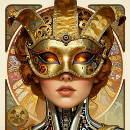 A close-up portrait of a beautiful female cyborg wearing an intricate venetian mask by Alphonse Mucha, exposed structure with gears, shining eyes of fire, art nouveau card, wlop, trending on artstation