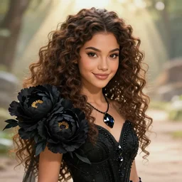 young female mythical magical tribal warrior girl, goddess of obsidian diamonds and black peonies, with long curly, hazelnut hair, perfectly proportioned face, brown eyes, sweet smile, strong jawline, natural lighting, path traced, god rays, highly detailed, high quality, cartoon, digital painting, by new haicheng studio ghibli and riccardo federici and alphonse mucha